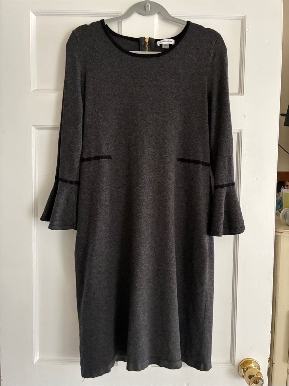 Calvin Klein Dark Gray Midi Shift Dress with Bell Sleeves Size L